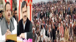 Provincial President NC Devender Singh Rana and Deputy Chairman Legislative Council Javed Rana addressing public meeting at Balakote on Friday.