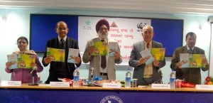 JU VC Prof MPS Ishar, Dogri Sanstha president Prof Lalit Magotra and others releasing Gianeshwar’s book in Dogri on Wednesday.