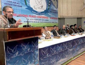 A scholar speaking at all religions peace conference held in Jammu on Sunday. -Excelsior/ Rakesh