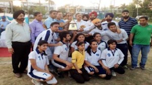 Winners of Korfball Championship posing for Photograph with DG Sports Naveen Aggarwal at Jammu on Monday.