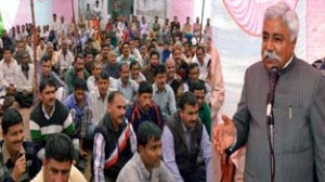 Minister for Planning, Ajay Sadhotra addressing public gathering at Patniyal on Sunday.