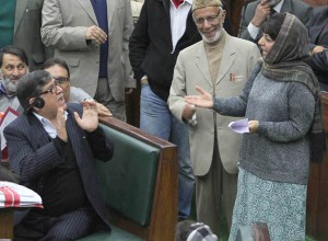Higher Education Minister Mohammad Akbar Lone and PDP leader Mehbooba Mufti exchanging heated arguments in the Assembly on Tuesday. —Excelsior/Rakesh
