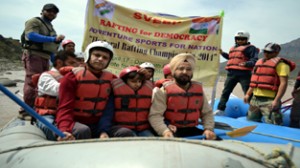 Rafters during launch of Democracy Rafting Championship in Reasi.