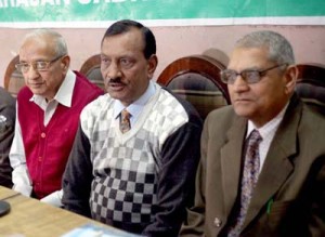 Mahajan Sabha leaders addressing a press conference at Jammu on Friday. -Excelsior/Rakesh