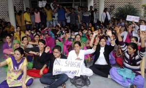 Para-medical students raising slogans during protest at Jammu on Thursday. -Excelsior/Rakesh