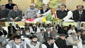 Chief Minister Omar Abdullah addressing party functionaries at Sher-i-Kashmir Bhawan in Jammu on Friday.