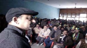 JKDF State president Anil Gupta addressing a public meeting at Kishtwar on Wednesday.