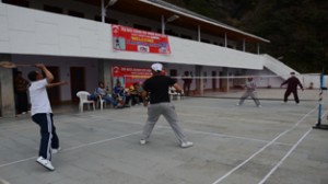 A badminton match in progress during SMVDSB Staff’s Badminton, TT Tournament at Katra on Tuesday.