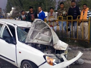 An Alto car which met with an accident at Vijaypur on Wednesday. —Excelsior/Gautam
