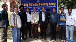 Dignitaries posing for a photograph during the inaugural function of All India Painting Camp at Mansar on Wednesday.