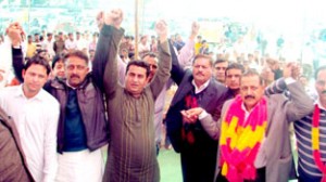 Dr Jitendra Singh with MLA Jagdish Sapolia and others at  a public rally on Friday.
