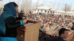 PDP president, Mehbooba Mufti addressing party workers during election campaign in Pulwama on Wednesday. —Excelsior/ Younis Khaliq