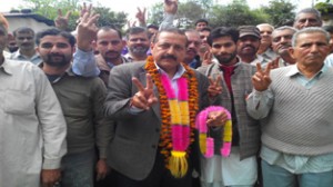 Dr Jitendra Singh during a road show at Ramnagar on Saturday.