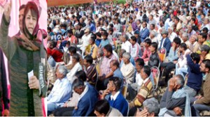 PDP president Mehbooba Mufti addressing a public meeting at Marh on Sunday.