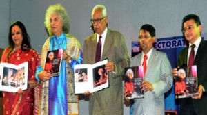 Governor N N Vohra and others releasing a pictorial volume at Gulshan Ground on Wednesday.