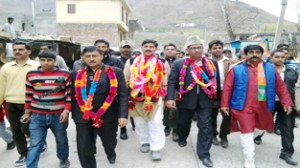 Jugal Kishore Sharma during an election rally at Surankote on Saturday.