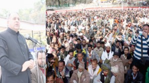 Former Minister and MLA Shabir Khan addressing public rally at Rajouri on Thursday.