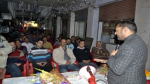 Cong MP  Madan Lal addressing public meeting in Jammu on Monday.