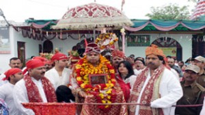 Minister for Housing Raman Bhalla flagging off Charri Mubarak Yatra for Sukrala Mata on Sunday.