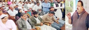 Provincial President NC Devender Singh Rana addressing public meeting at Nagrota on Friday.