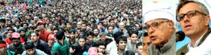 Dr Farooq Abdullah and Omar Abdullah addressing an election rally at Khansahib in Budgam on Friday. -Excelsior/AminWar