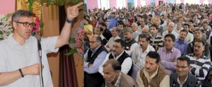 Chief Minister Omar Abdullah addressing an election meeting at Tumal Bohri on Sunday.  -Excelsior/Rakesh