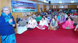 Khem Lata Wakhloo addressing a function at KP Sabha Jammu on Wednesday. -Excelsior/Rakesh