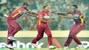 West Indies celebrating victory over Pakistan at Mirpur on Tuesday.