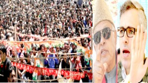 Union Minister and National Conference president Dr Farooq Abdullah and Chief Minister Omar Abdullah addressing massive election rally at Kangan in district Ganderbal, on Monday.  -Excelsior/Amin War