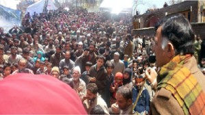 NC candidate Dr Mehboob Beg addressing public rally at Bijbehara in Kashmir.