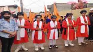 Panj Pyaare clad in traditional dress during a religious procession taken out in Jammu on Saturday.