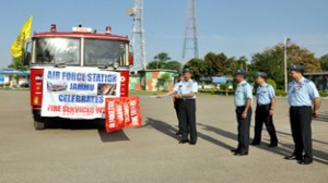 Air Force officers flagging off a vehicle during Fire Services Week celebrations at Jammu.