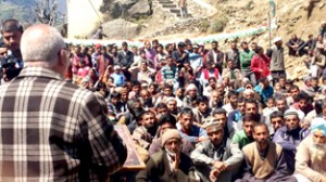 R&B Minister Abdul Majid Wani addressing election rally in Doda on Monday.