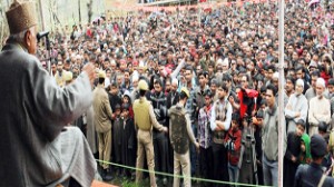 NC president Dr Farooq Abdullah addressing public rally at Charar-e-Sharief on Saturday.