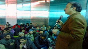 MoS Home, Sajjad Ahmad Kichloo addressing election meeting at Kishtwar on Wednesday.