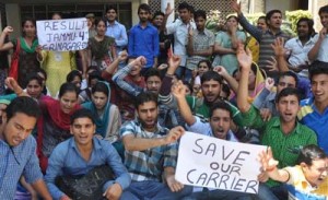 Para-students raising slogans during protest at Jammu on Thursday.