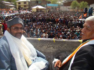 BJP leader Mukhtar Abbas Naqvi addressing an election rally at Kargil on Thursday.