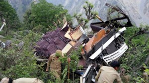 Badly mangled bus lying in a gorge at Ramban on Jammu-Srinagar National Highway. —Excelsior/Parvez