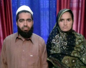 TeJ militant Mukhtiar Ahmad along with his wife in Surankote on Tuesday.