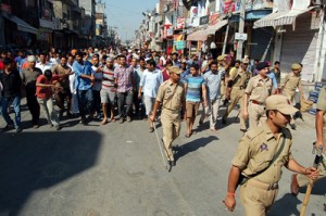 People protesting at Vijaypur on Wednesday.  -Excelsior/Gautam