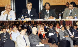 PM’s Special Envoy Satinder K Lambah and Chief Minister Omar Abdullah at a seminar in Srinagar on Tuesday.