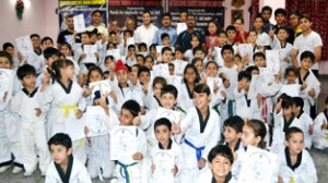 Students during Belt Grading Examination conducted by All India Taekwondo Union in Jammu.