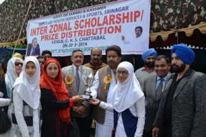 Minister for Sports Raman Bhalla felicitating winners in Srinagar.