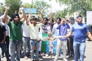 NSUI activists raising slogans during protest against DG Sports at MA Stadium on Tuesday.