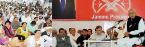 NC president Dr Farooq Abdullah addressing party leaders in Jammu on Saturday.