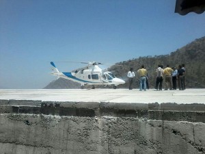 A helicopter lands at newly constructed Emergency helipad at Panchi point near Mata Vaishno Devi Bhawan on Friday.