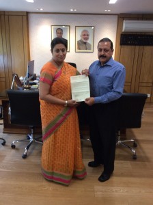 MoS in PMO Dr Jitendra Singh handing over list of demands to HRD Minister Smriti Irani in New Delhi on Thursday.