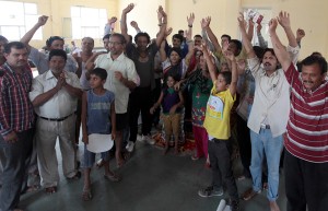 Amarnath yatris chanting Bum Bum Bholey at Yatri Niwas Jammu onThursday.—Excelsior/Rakesh