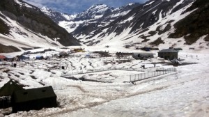 A view of snowfall at Sheshnag yatra camp on Wednesday. 