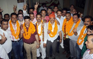 Newly elected office bearers of CCI Jammu after announcement of election results late on Saturday evening. -Excelsior/Rakesh